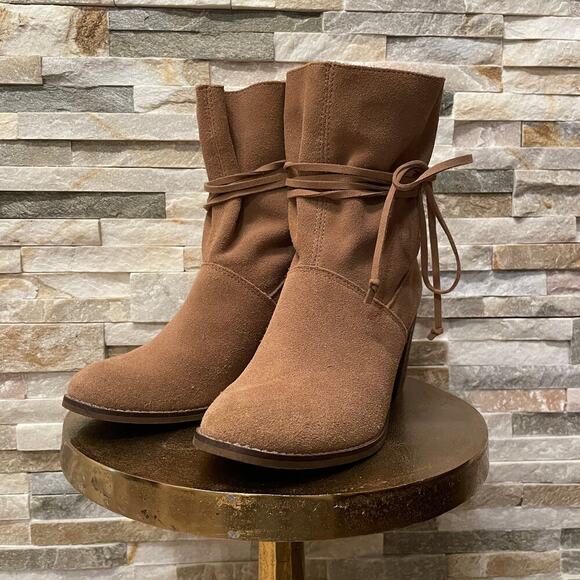 TOMS Brown Suede Ankle Boots | Lace Wrap, Block Heel, Size 8.5, Worn 1x - Picture 4 of 9